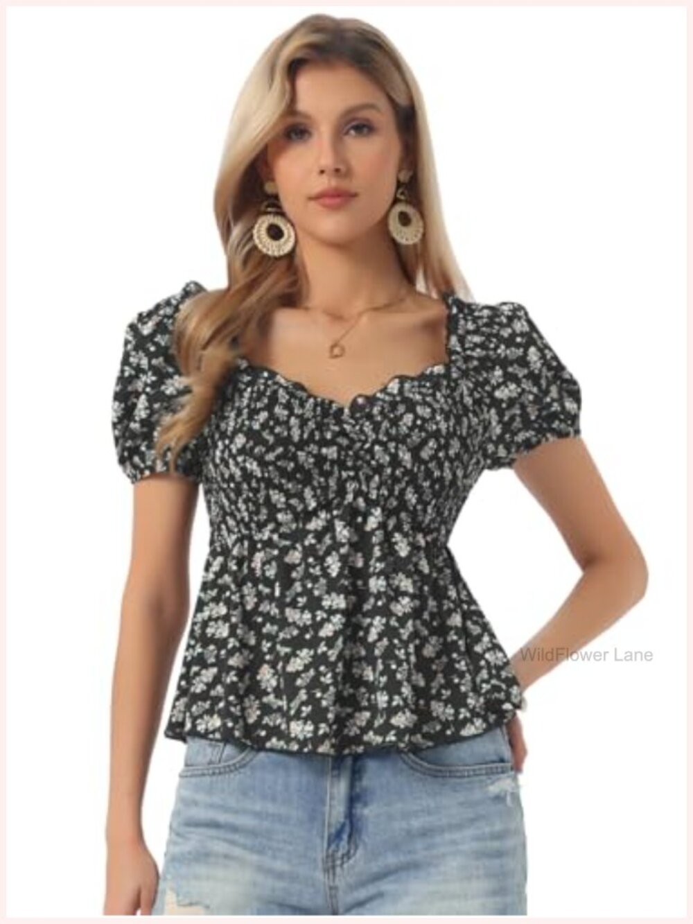 Floral Sweetheart Neck Smocked Ruffle Peplum Blouse